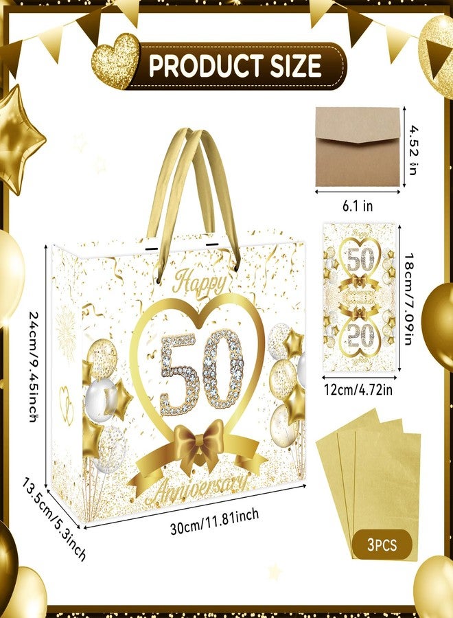 GOLDCROW White Gold 50th Wedding Anniversary Paper Gift Bag Large Happy 50th Anniversary Party Gift Wrapping Bag with Tissue Papers and Card 50th Wedding Anniversary Party Decorations - Image 2